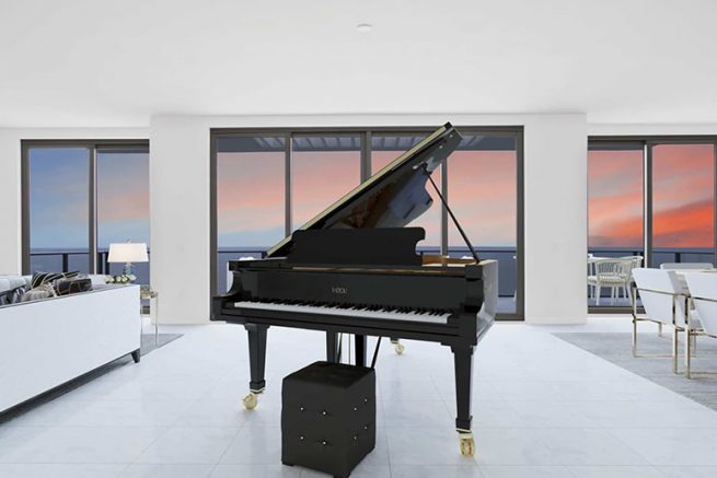 ONE St. Pete penthouse living room - piano