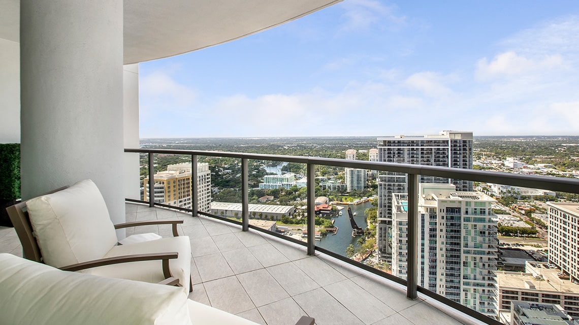 terrace looking out to downtown at 100 Las Olas Residence 3703
