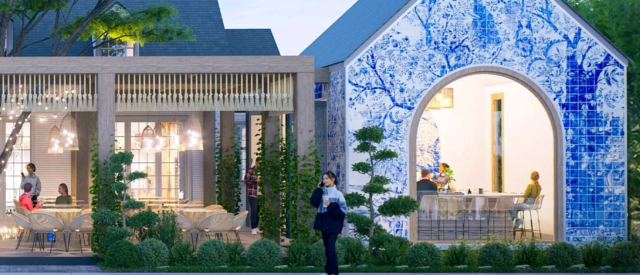 Modern restaurant exterior with blue tile facade and seating