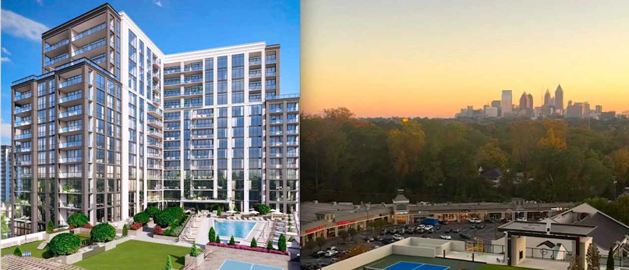 Modern apartment building near city skyline at sunset