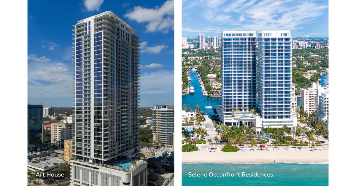 Two side-by-side aerial photos: on the left, a tall glass residential tower labeled 'Art House' above a city skyline; on the right, a beachfront tower labeled 'Selene Oceanfront Residences' next to a marina and the ocean.