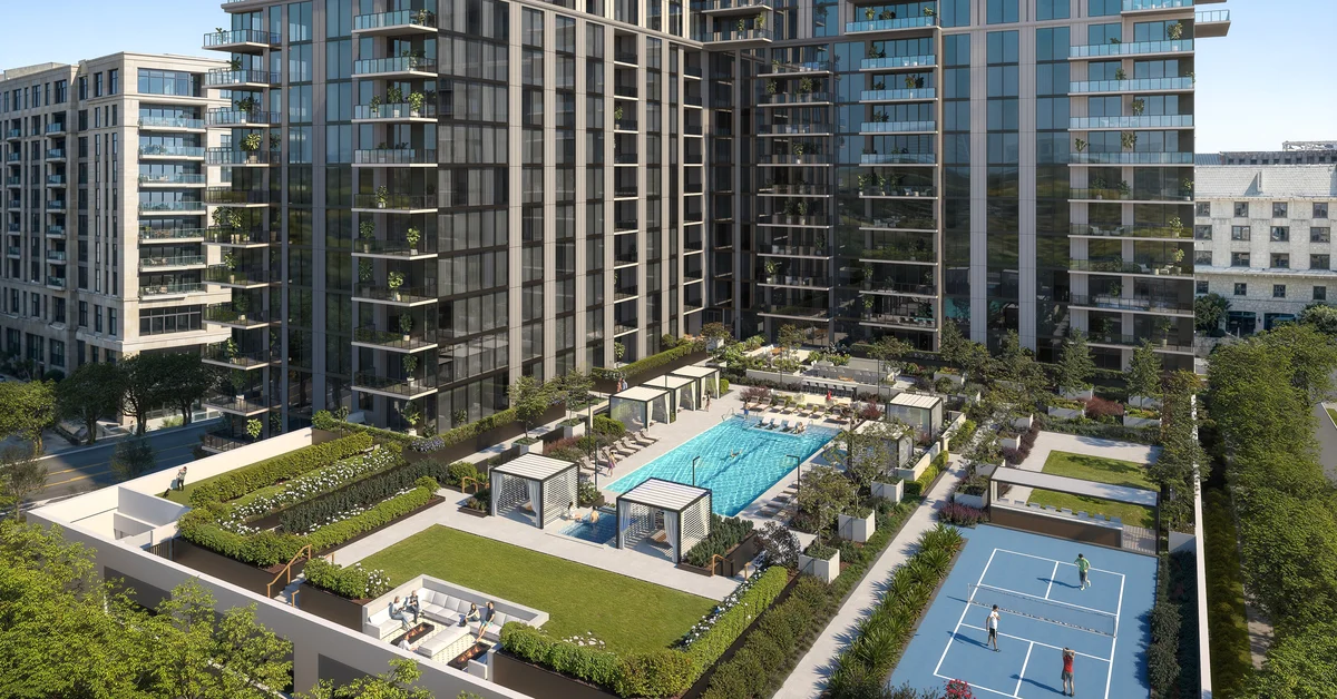 Rendering of a high-rise residential building with a landscaped rooftop-level terrace featuring a swimming pool, cabanas, lounge seating, and a tennis court.